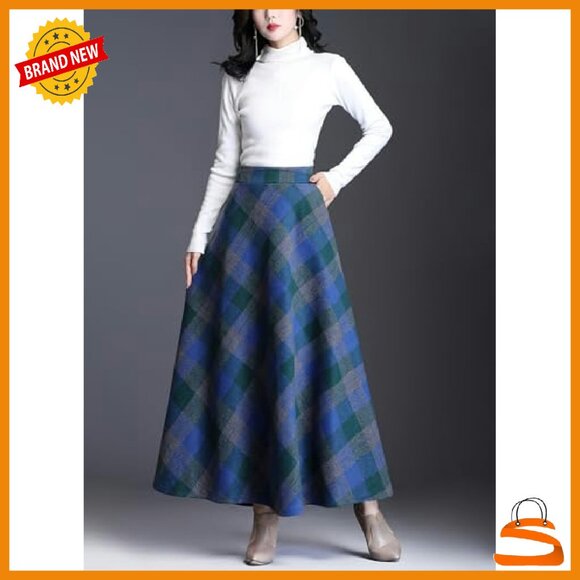 Wool Plaid Maxi Skirt High Waist A-Line Pleated with Pockets - Picture 3 of 6